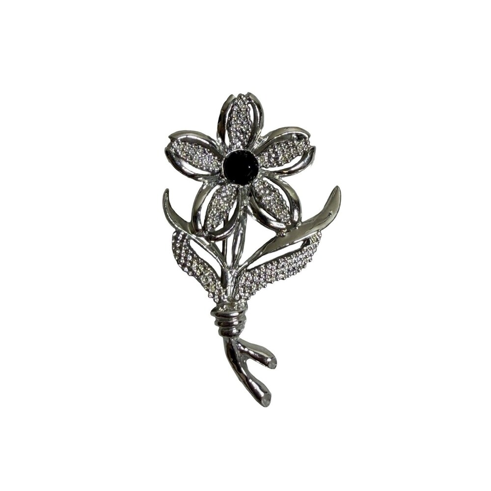 Vintage Sarah Coventry Pin Silver Flower w Rhinestone Signed Marked